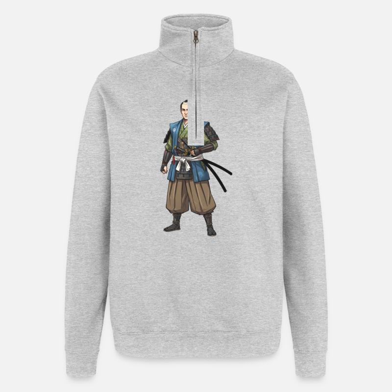 Edo Samurai in Blue Jacket - Quarter-Zip Sweatshirt - heather grey