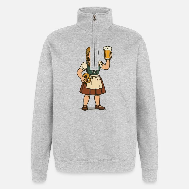 Junge Frau mit Dirndl und Bierkrug - Quarter-Zip-Sweatshirt - Grau meliert