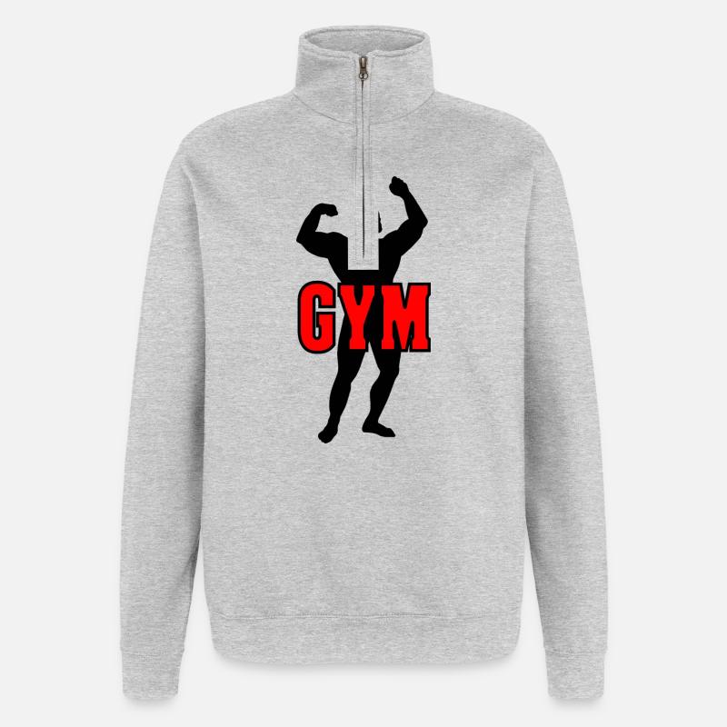 Bodybuilder-Schattenbild mit rotem Text "GYM - Quarter-Zip-Sweatshirt - Grau meliert