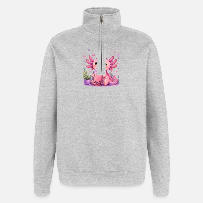 Axolot rose avec bubble tea - Sweat à zip 1/4 - gris chiné