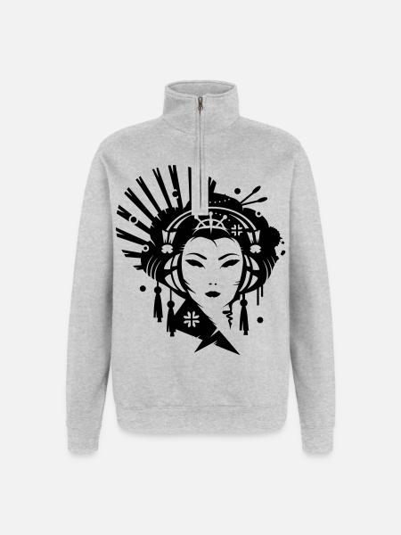 A Japanese geisha girl with headphones - Quarter-Zip Sweatshirt - heather grey