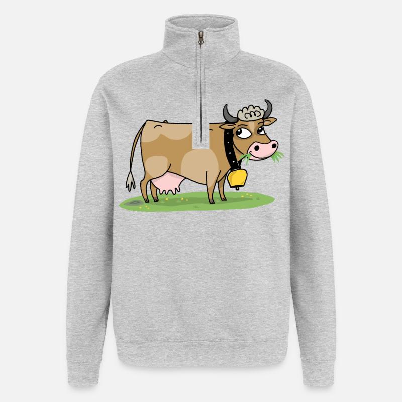 Kuh mit Glocke auf der Wiese - Quarter-Zip-Sweatshirt - Grau meliert