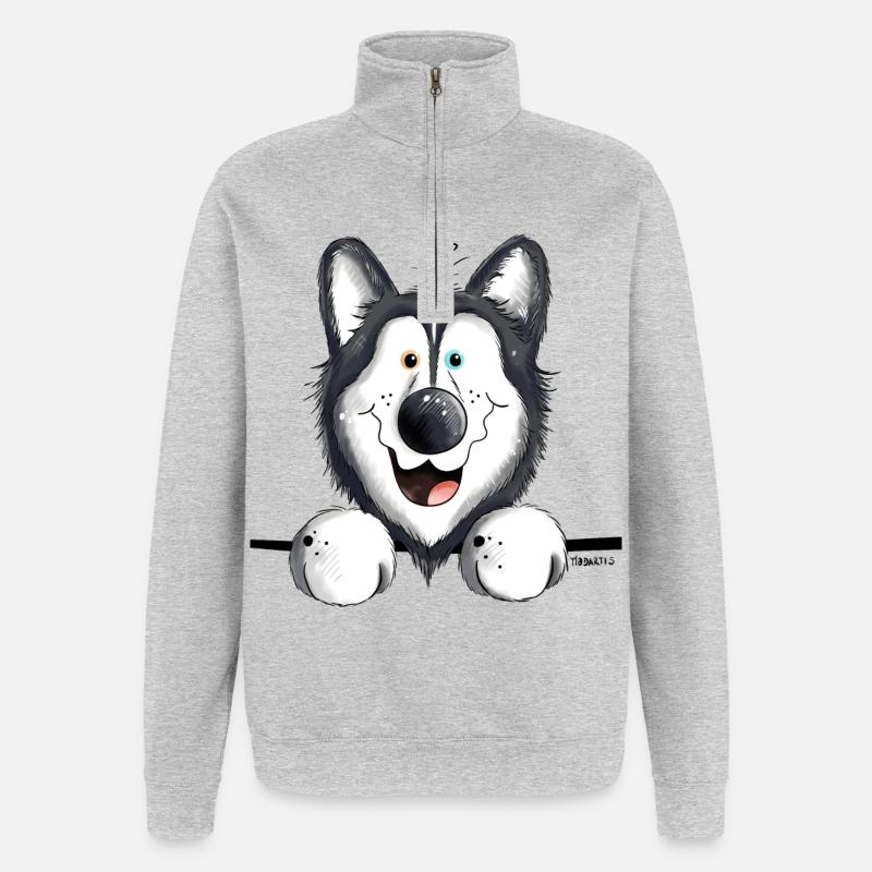 Neugieriger Husky - Quarter-Zip-Sweatshirt - Grau meliert