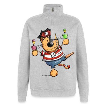Mignon chat comique - Sweat à zip 1/4 - gris chiné - Devant - AI Model Female 172 light (172cm) & AI Model Male 178 dark (178cm)