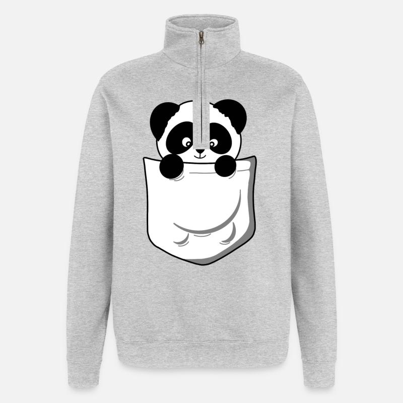 Panda Pandabär Pocket Lustig süß - Quarter-Zip-Sweatshirt - Grau meliert