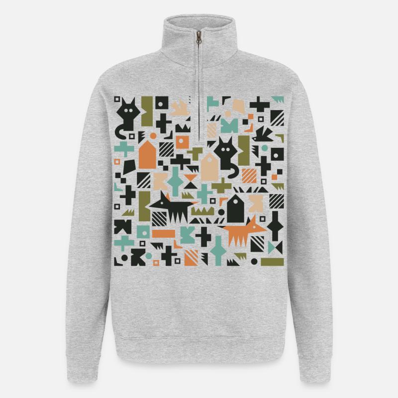 Cat fox bird pattern l multicolour - Quarter-Zip Sweatshirt - heather grey