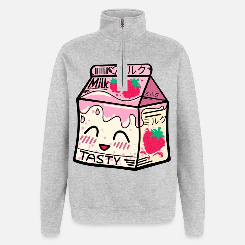 Erdbeer Milch Packung kawaii - Quarter-Zip-Sweatshirt - Grau meliert