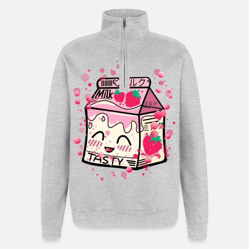 Erdbeer Milch Packung kawaii - Quarter-Zip-Sweatshirt - Grau meliert