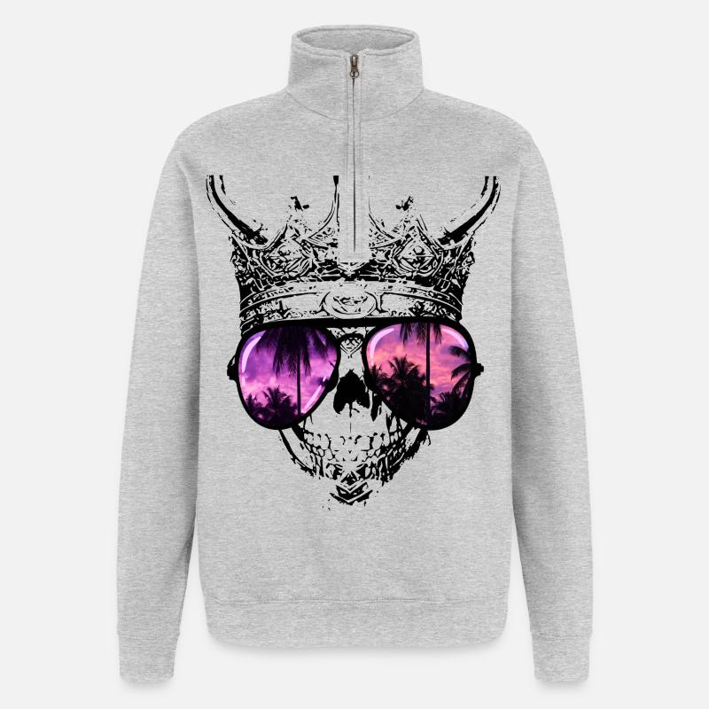 Hipster Skull King - Sweat à zip 1/4 - gris chiné