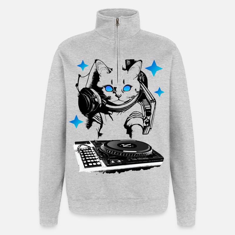 DJ Katze mit Mischpult - Quarter-Zip-Sweatshirt - Grau meliert