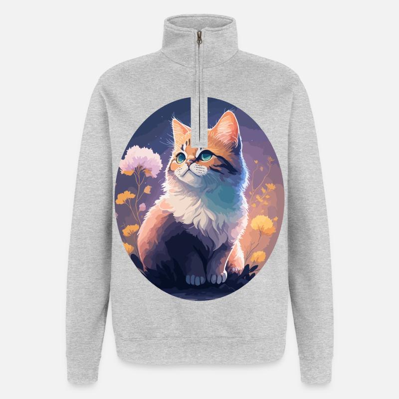 Illustrierte Nachtkatze - Quarter-Zip-Sweatshirt - Grau meliert