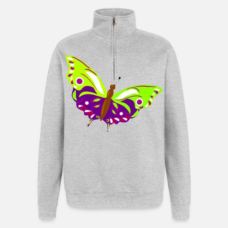 Illustration de papillon multicolore - Sweat à zip 1/4 - gris chiné