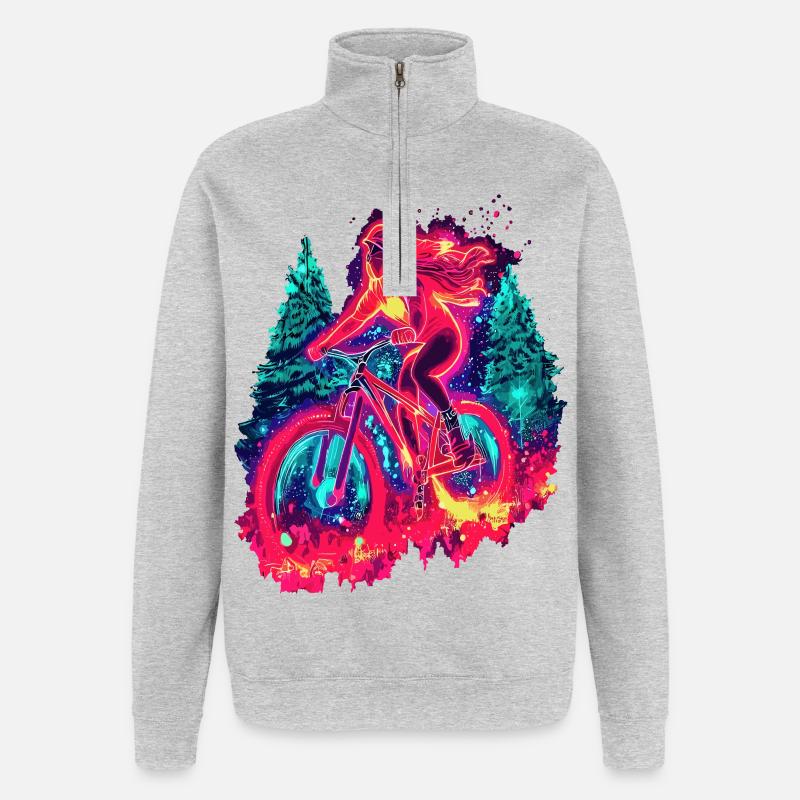 Synthwave Mountainbike Mädchen Waldfahrt - Quarter-Zip-Sweatshirt - Grau meliert