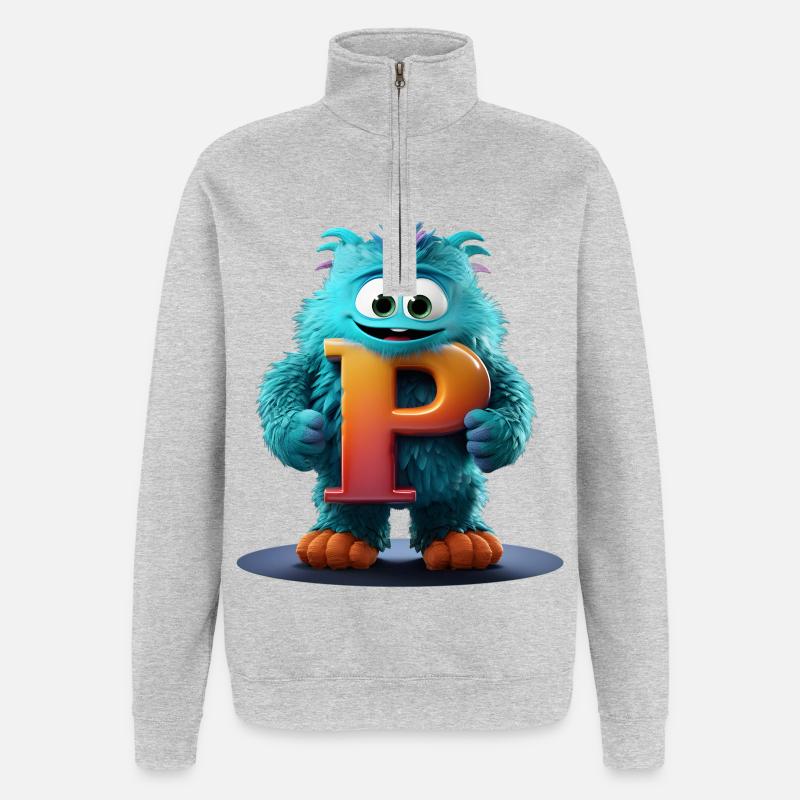 Monstre bleu avec P géant - Sweat à zip 1/4 - gris chiné