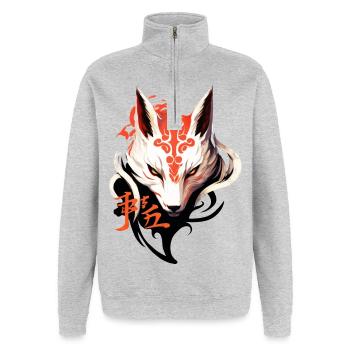 Masque De Renard Kumiho Japon Kitsune Samouraï Anime - Sweat à zip 1/4 - gris chiné - Devant - AI Model Female 172 light (172cm) & AI Model Male 178 dark (178cm)