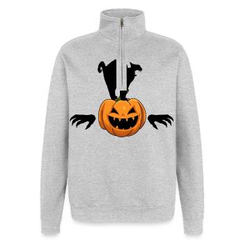 Halloween Chat Noir Citrouille Zombie - Sweat à zip 1/4 - gris chiné - Devant - AI Model Female 172 light (172cm) & AI Model Male 178 dark (178cm)