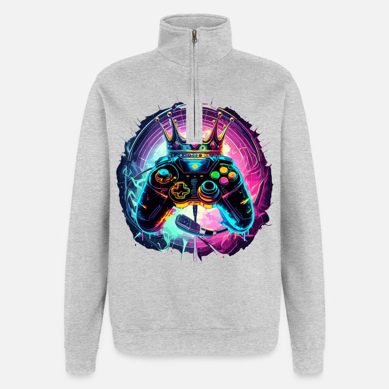 Gaming Controller mit Headset und Krone - Quarter-Zip-Sweatshirt - Grau meliert