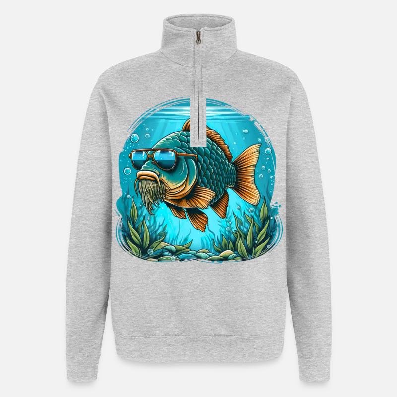 Karpfen mit Sonnenbrille - Quarter-Zip-Sweatshirt - Grau meliert