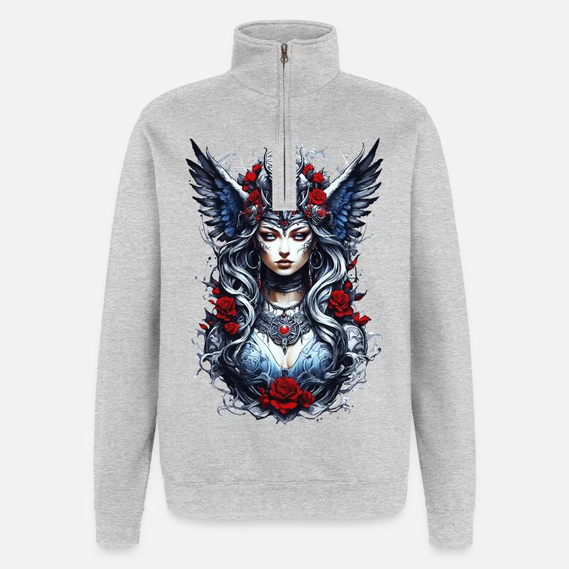 Valkyrie with Ravens, Roses, Vikings - Quarter-Zip Sweatshirt - heather grey