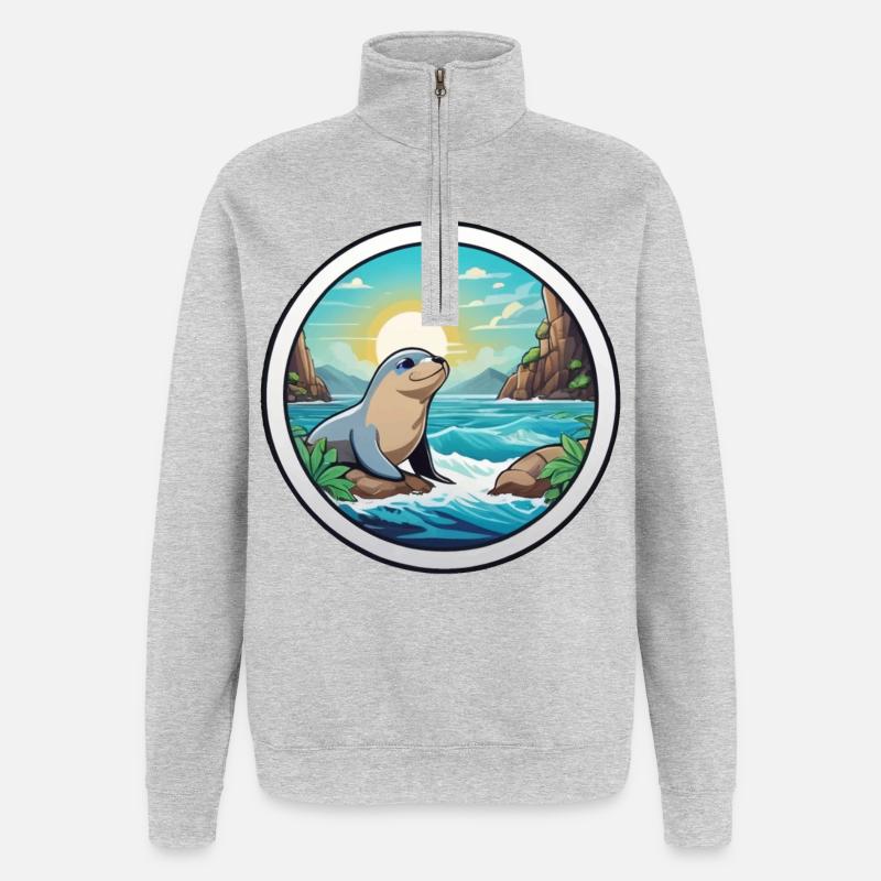 Kleine Robbe an der Küste - Quarter-Zip-Sweatshirt - Grau meliert