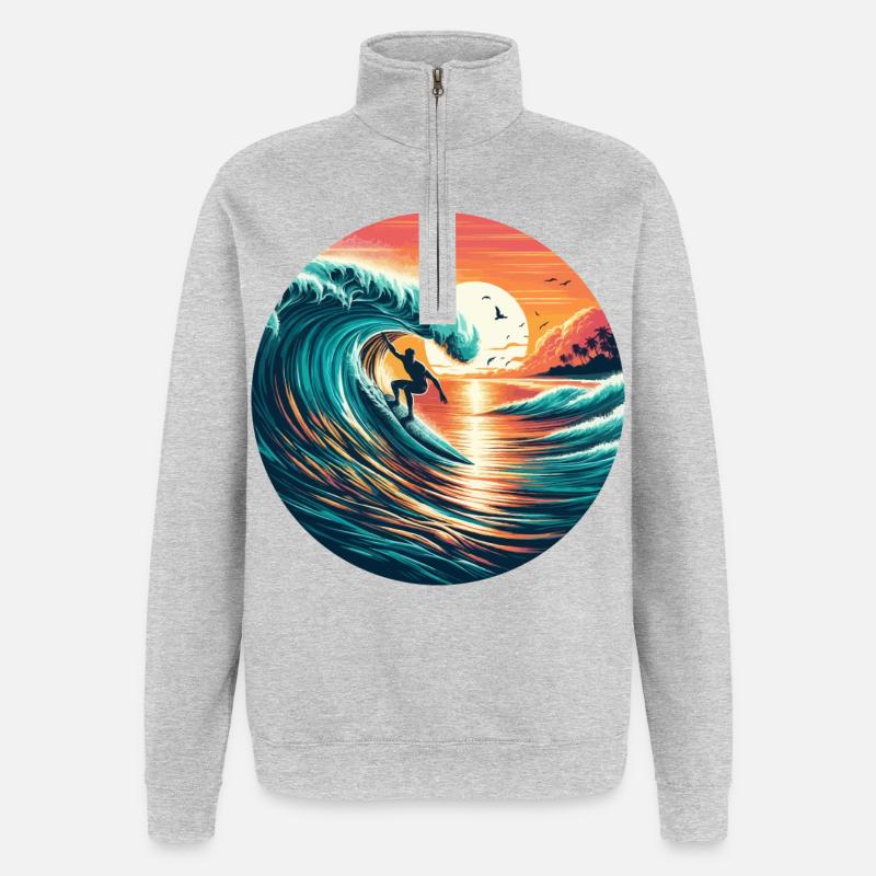 Surfeur au coucher du soleil - Sweat à zip 1/4 - gris chiné