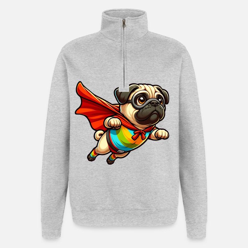 Superhelden-Mops - Quarter-Zip-Sweatshirt - Grau meliert