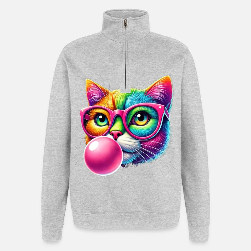 Bunte Katze mit Brille und Kaugummi-Design - Quarter-Zip-Sweatshirt - Grau meliert
