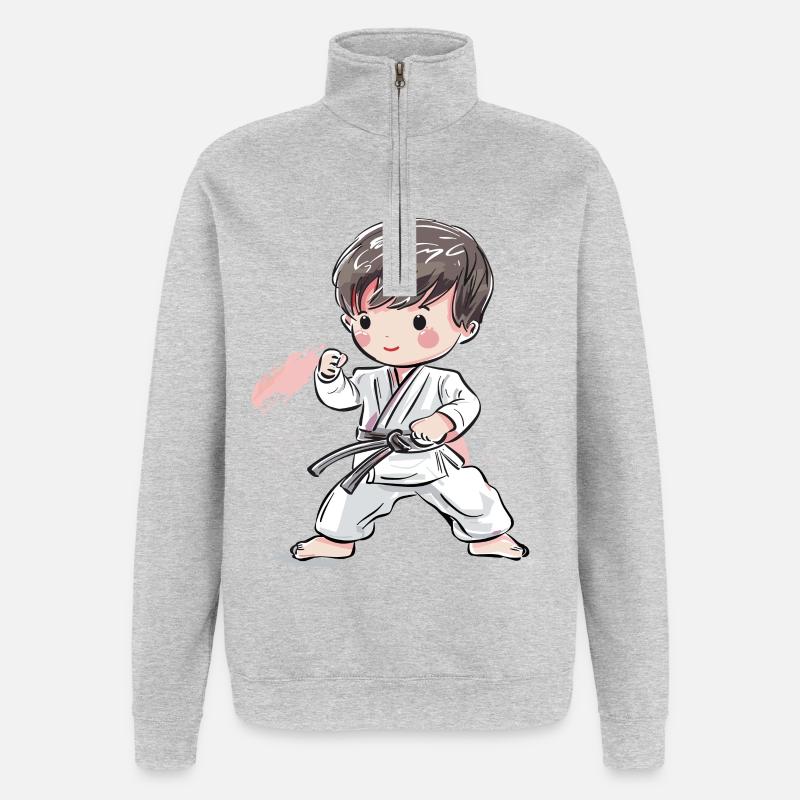 Karate Junge Comic Stil - Quarter-Zip-Sweatshirt - Grau meliert