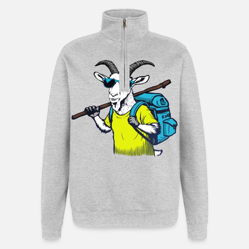 Bergziege mit Rucksack - Quarter-Zip-Sweatshirt - Grau meliert