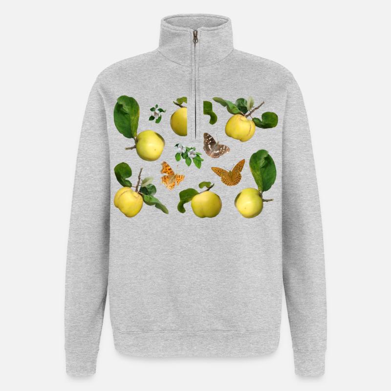 Quitten mit Quittenblüten und Schmetterlingen - Quarter-Zip-Sweatshirt - Grau meliert