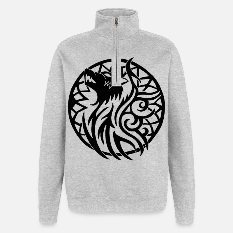 Schwarzer Wolf und Glücksbringer - Quarter-Zip-Sweatshirt - Grau meliert