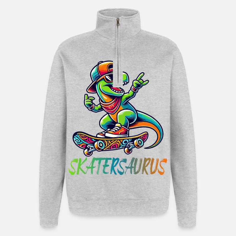 Skatersaurus Dinosaurier Retro Skateboarding Design - Quarter-Zip-Sweatshirt - Grau meliert