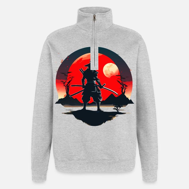 Samurai-Silhouette mit rotem Mondhintergrund - Quarter-Zip-Sweatshirt - Grau meliert