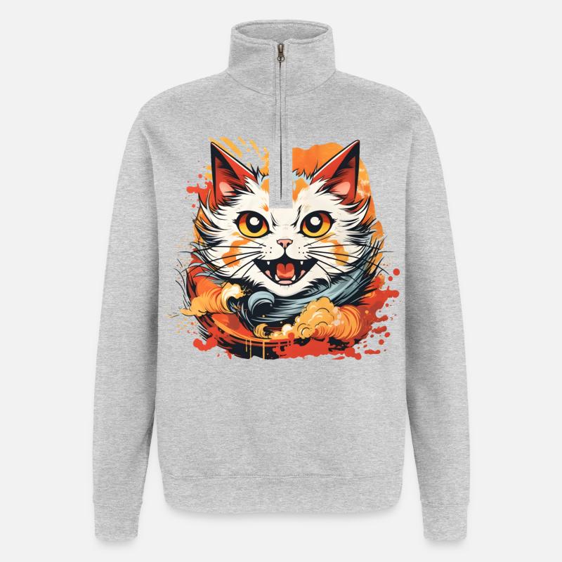 Katze Anime Stil - Quarter-Zip-Sweatshirt - Grau meliert