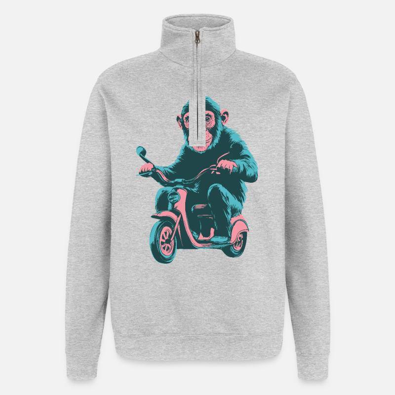 Cooler Affe auf einem Retro-Scooter - Quarter-Zip-Sweatshirt - Grau meliert