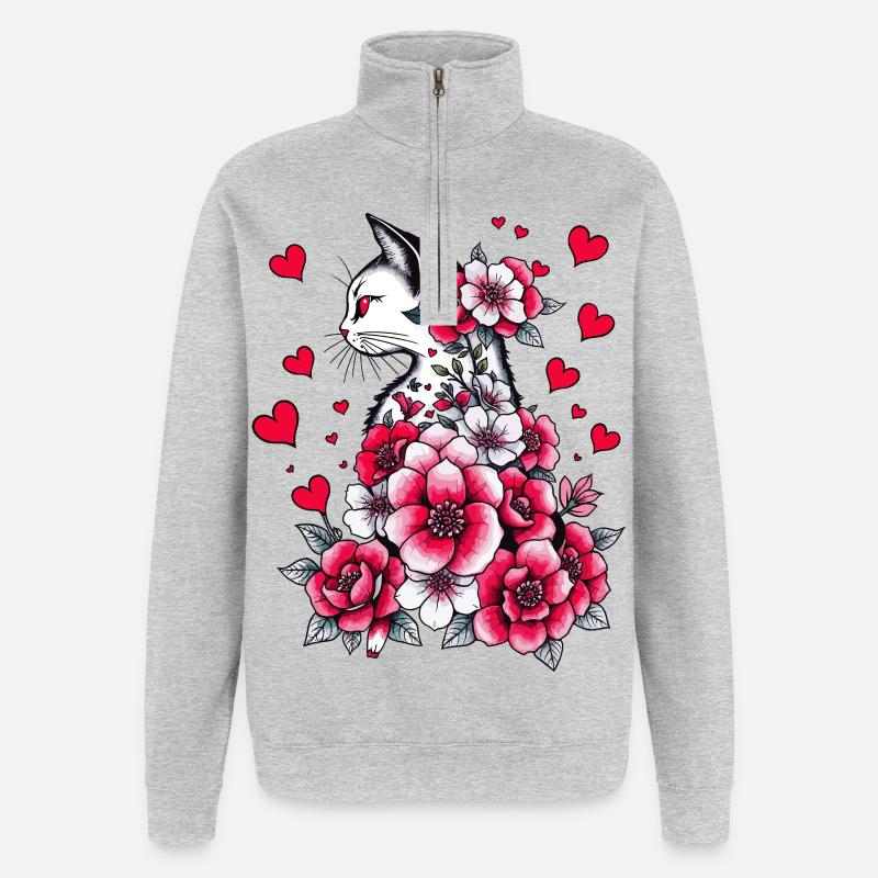 Chat blanc - Sweat à zip 1/4 - gris chiné