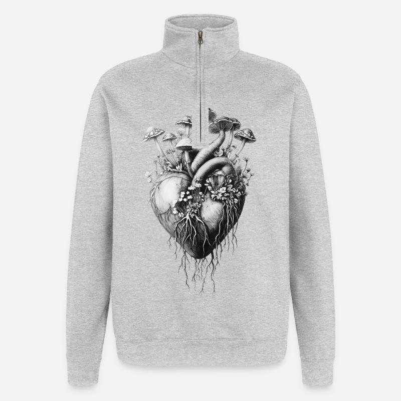 Champignons, Champignons, Fleurs, Botanique - Sweat à zip 1/4 - gris chiné