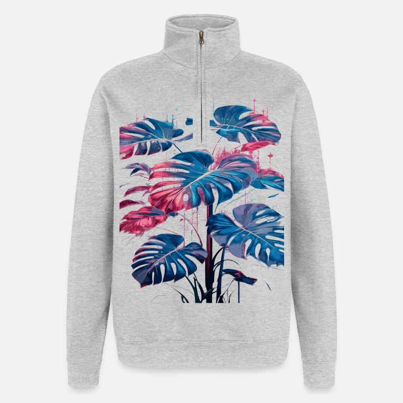 Retro Monstera Pflanze Neon Synthwave - Quarter-Zip-Sweatshirt - Grau meliert