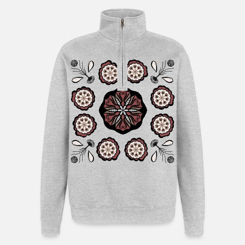 Dunkles Blütenmandala Muster - Quarter-Zip-Sweatshirt - Grau meliert