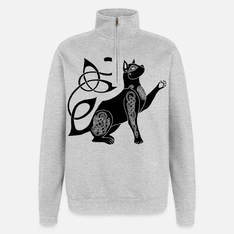 Chat noir celte - Sweat à zip 1/4 - gris chiné