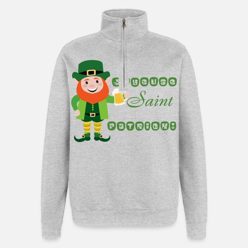 Joyeuse Saint Patrick - Leprechaun Souriant - Sweat à zip 1/4 - gris chiné
