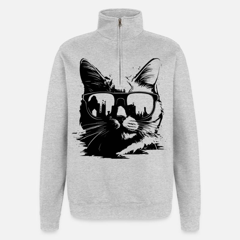 Katze mit Sonnenbrille - Quarter-Zip-Sweatshirt - Grau meliert