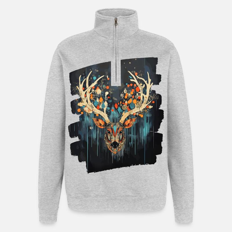 Hirsch mit Geweih - Quarter-Zip-Sweatshirt - Grau meliert