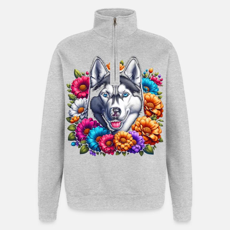 Husky and Floral Pattern - Quarter-Zip Sweatshirt - heather grey