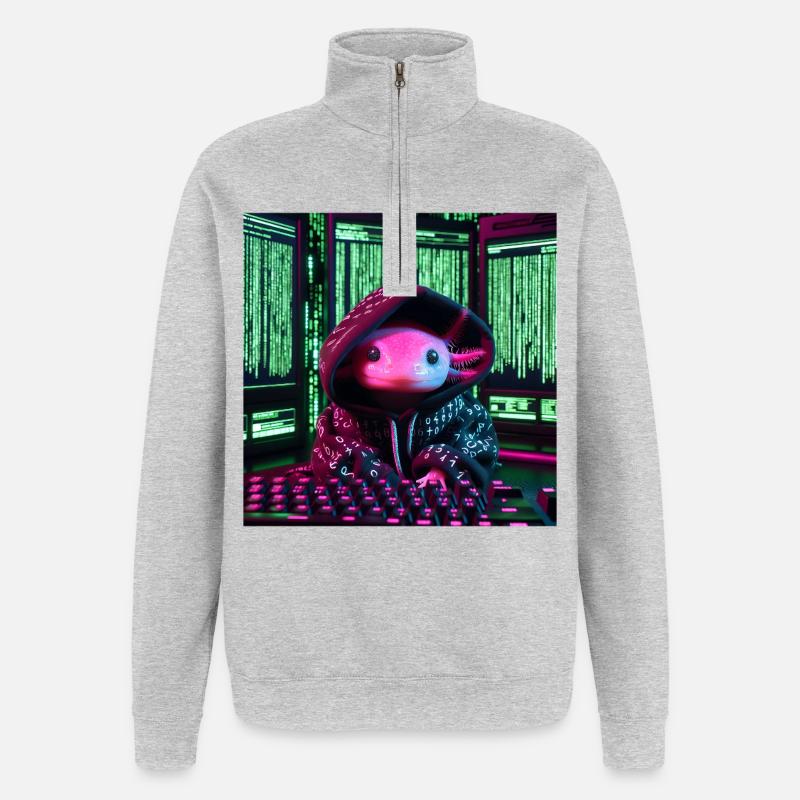 Cyber axolotl en code numérique - Sweat à zip 1/4 - gris chiné
