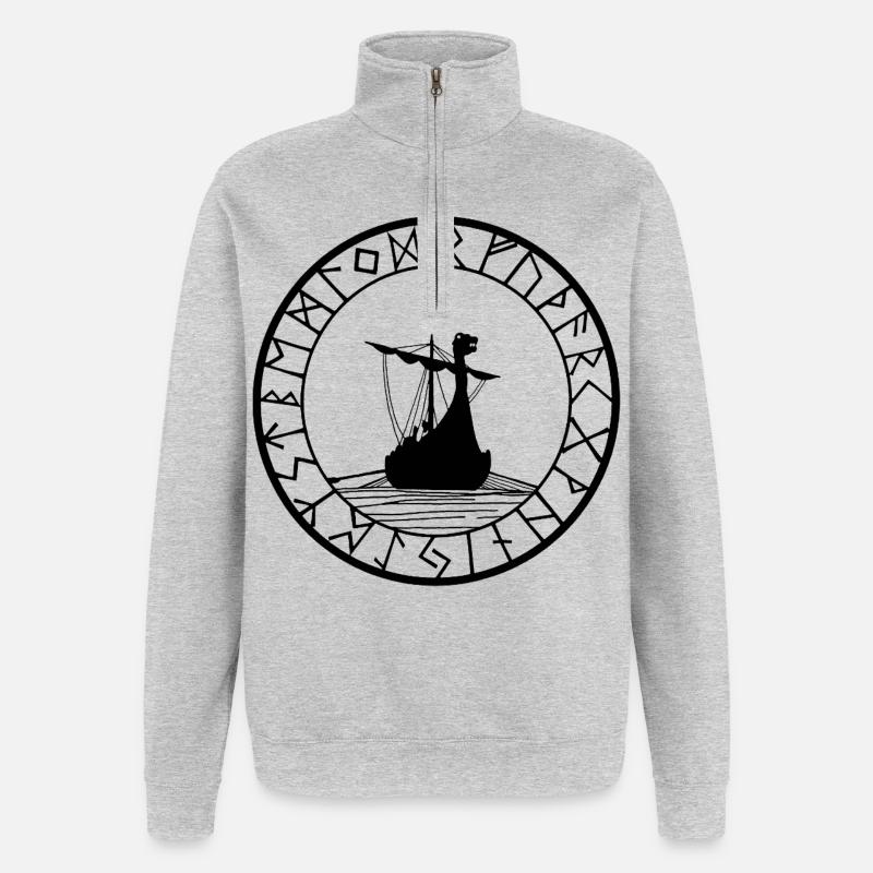 Schwarzes Wikinger-Langschiff und Kompass - Quarter-Zip-Sweatshirt - Grau meliert