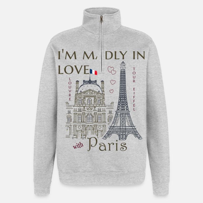 Paris, Louvre et la Tour Eiffel dessinés à la main - Sweat à zip 1/4 - gris chiné