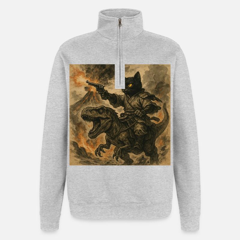 Samurai-Katze reitet auf Dinosaurier bei Vulkanausbruch - Quarter-Zip-Sweatshirt - Grau meliert