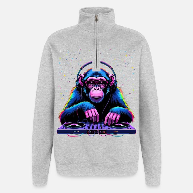 Bunter DJ-Affe mit Kopfhörern und Brille - Quarter-Zip-Sweatshirt - Grau meliert