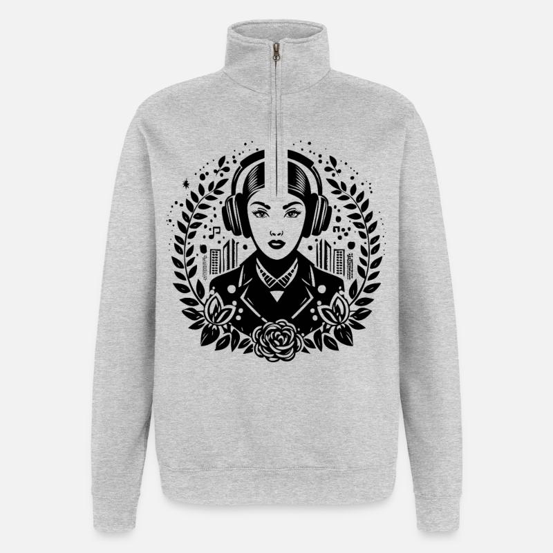 Träumerin Traum Gedanke – Frau, Kopfhörer, Blick - Quarter-Zip-Sweatshirt - Grau meliert